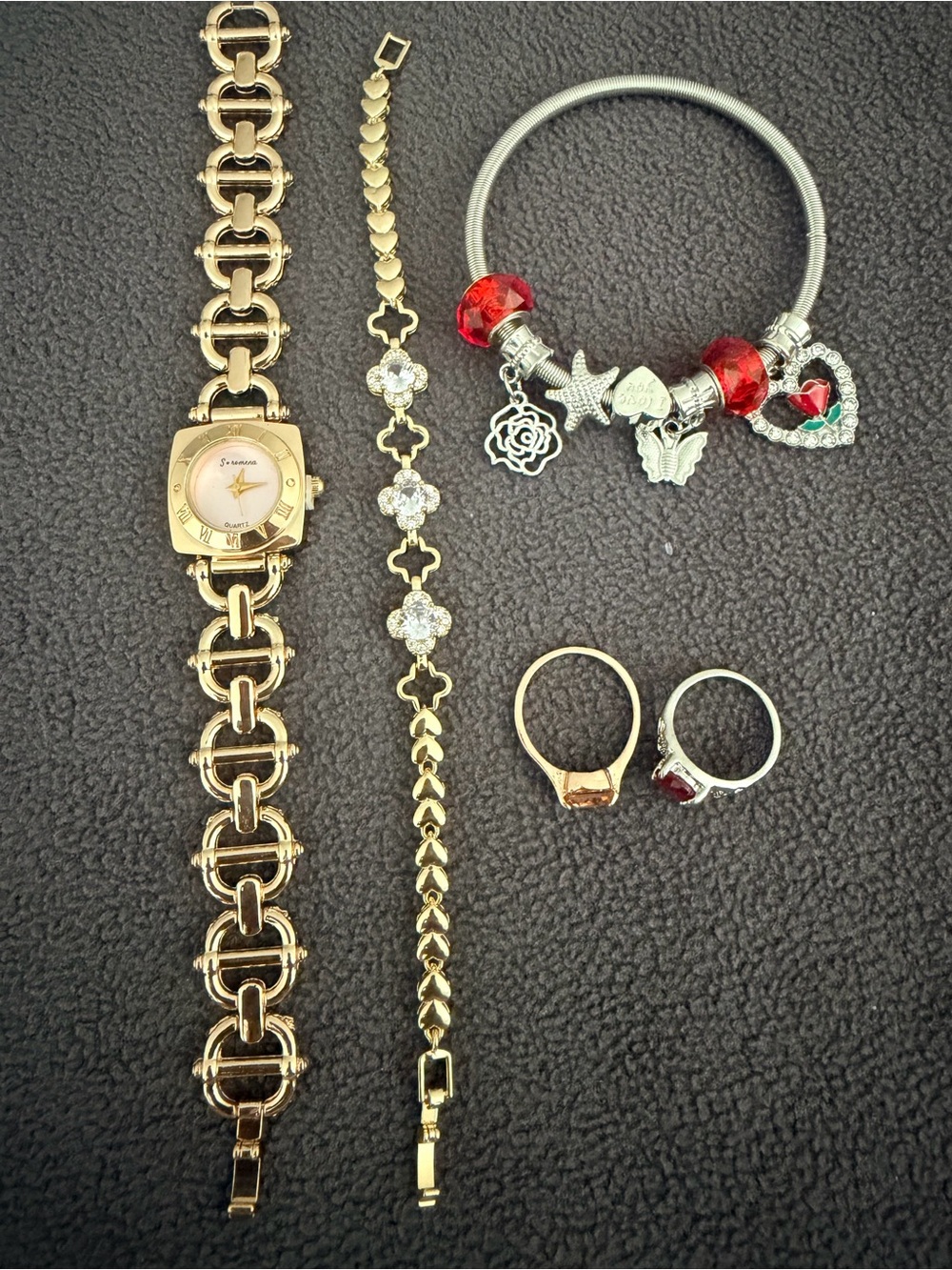 Gold Tone Ladies Bracelet Watch with Crystal Accent Bracelet and Charm Bangle